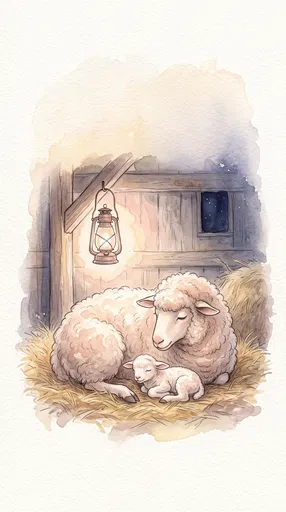 Watercolor Ewe and Sleeping Lamb in Barn