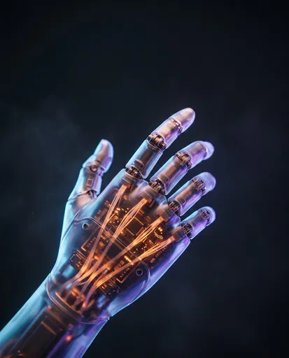 Translucent Robotic Hand with Glowing Circuitry
