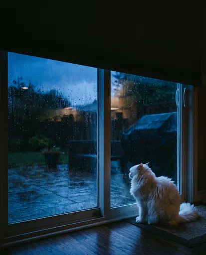 Fluffy White Cat Watching Rainy Twilight Patio