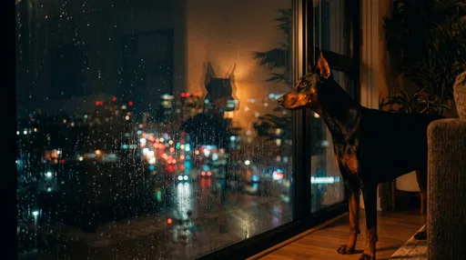 Doberman Looking Out Rainy Window at Night