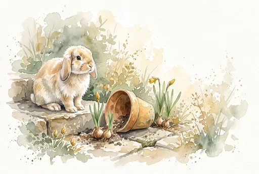 Watercolor Bunny and Overturned Flower Pot