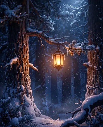 Glowing Lantern in Snowy Pine Forest