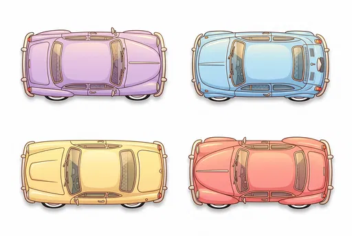 Four Pastel Mid-Century Cars Top-Down Clipart