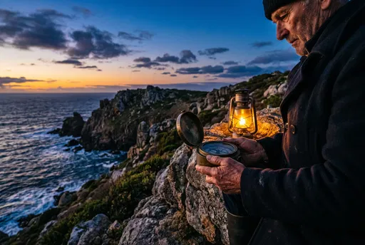 Older Sailor Holding Compass on Coast