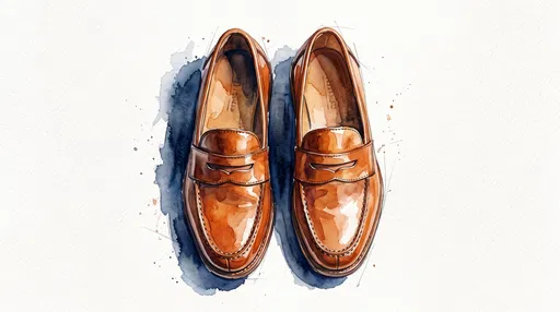Watercolor Cognac Brown Penny Loafers Illustration