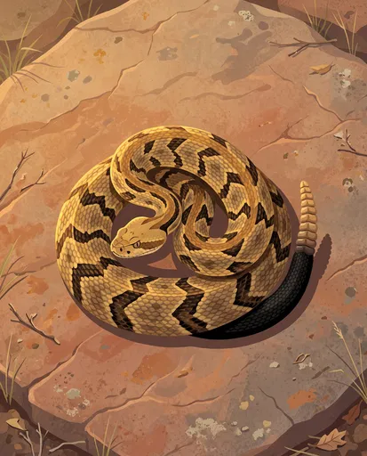 Coiled Timber Rattlesnake on Warm Stone