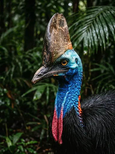 Southern Cassowary Portrait in Rainforest