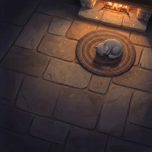 Gray Cat Sleeping by Cozy Fireplace
