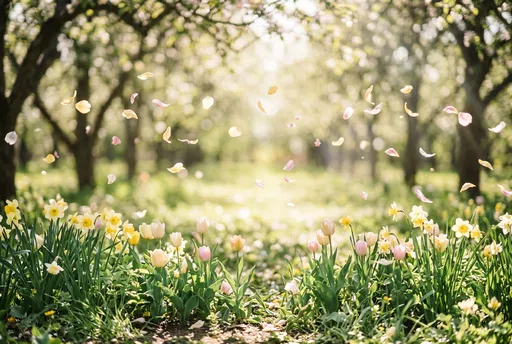 Sunlit Spring Orchard with Tulip and Daffodil Border