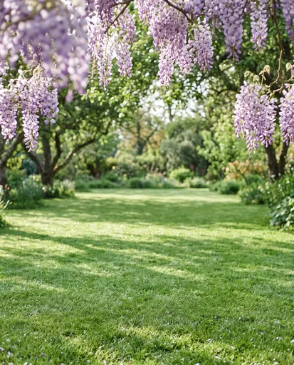 Sunny Green Lawn Under Blooming Wisteria