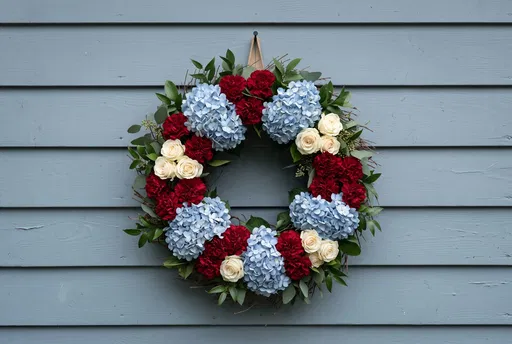 Patriotic Floral Wreath on Blue Wall