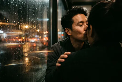 Couple Kissing Beside Rainy Night Window