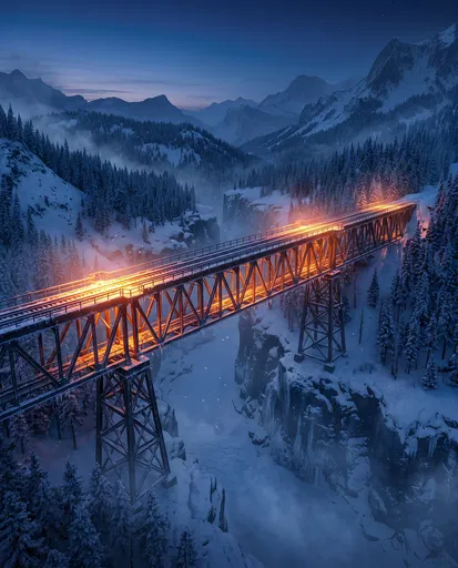Illuminated Railway Bridge Over Snowy Gorge