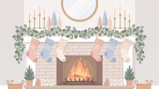 Pastel Holiday Fireplace Mantel Illustration