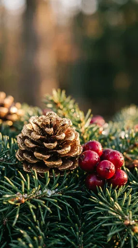 Gold Pine Cone and Crimson Winter Berries