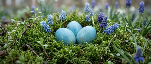 Three Blue Easter Eggs in Moss