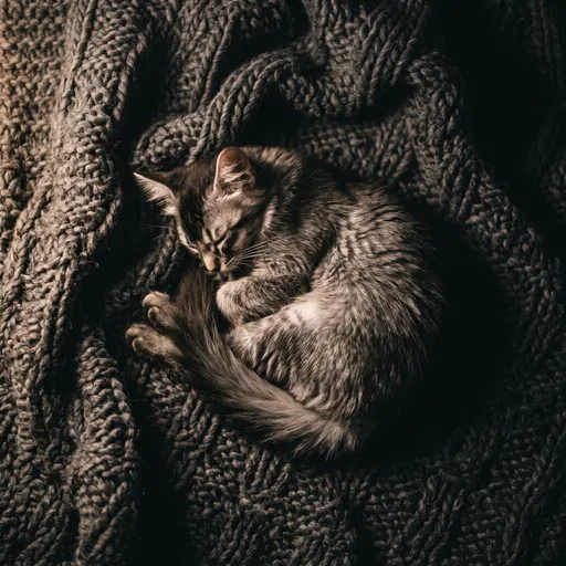 Sleeping Silver Kitten on Knit Blanket