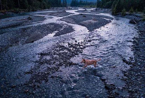 Red Heeler Running Through Rocky River