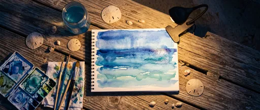 Watercolor Seascape Painting on Wooden Deck