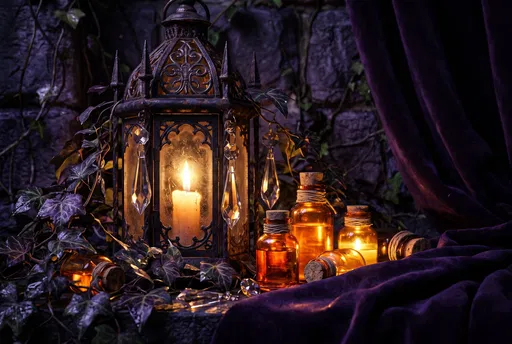 Gothic Lantern and Glowing Amber Vials