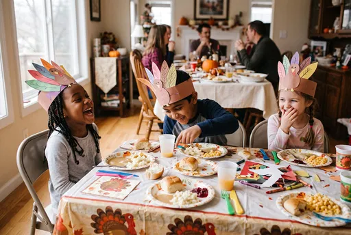 Three Children Laughing at Thanksgiving Kids Table