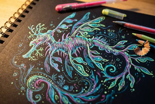 Neon Sea Dragon Drawing on Black Sketchbook