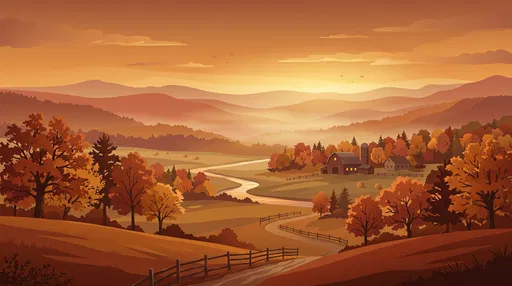 Autumn Valley Sunset Vector Landscape