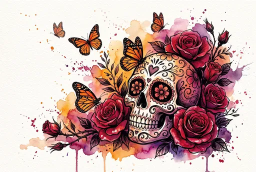 Watercolor Sugar Skull With Roses