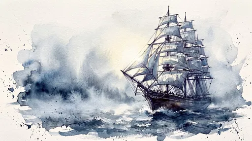 Watercolor and Ink Clipper Ship Illustration