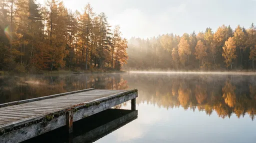 Wooden Dock on Misty Autumn Lake
