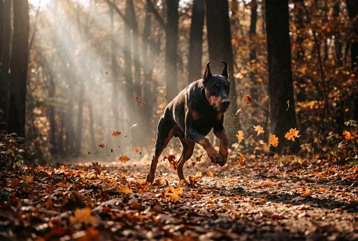 Doberman Pinscher Running in Autumn Forest