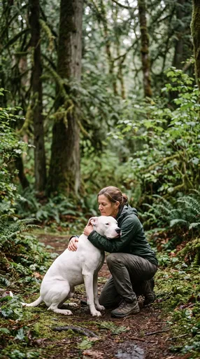 Woman Hugging White Dog in Forest