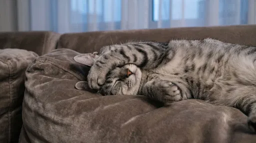 Silver Tabby Cat Sleeping on Velvet Sofa