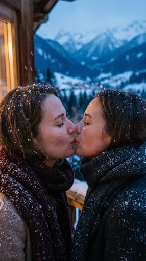Couple Kissing on Snowy Alpine Balcony
