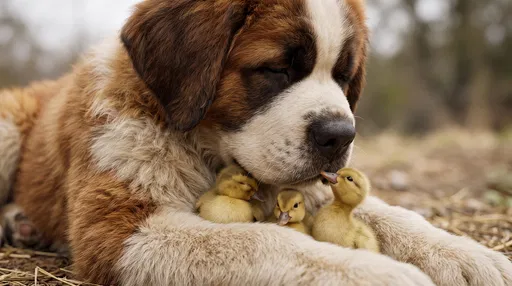 Saint Bernard Puppy With Three Ducklings