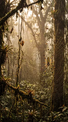 Golden Orb-Weaver in Misty Rainforest