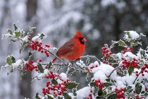 Red Cardinal on Snowy Holly Branch