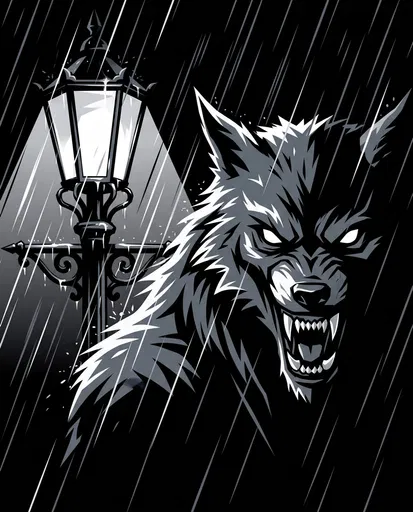 Monochrome Noir Werewolf Under Rainy Streetlamp