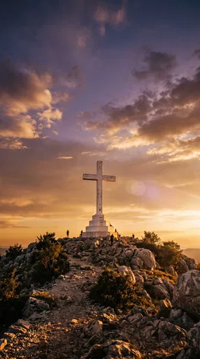 White Cross on Rocky Peak at Sunset