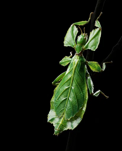 Glossy Green Leaf Insect on Black