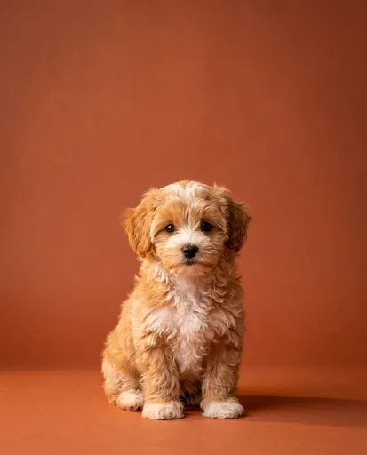 Apricot Maltipoo Puppy on Terracotta Studio Backdrop