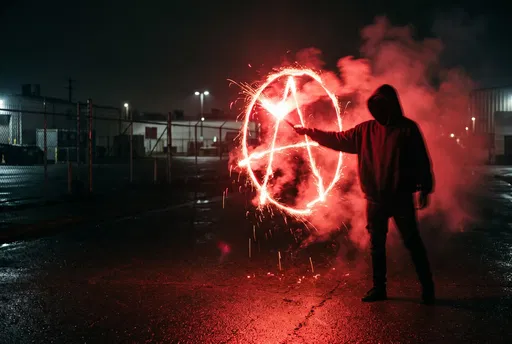 Hooded Figure Drawing Anarchy Symbol With Flare