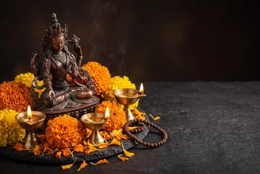 Tibetan Copper Statue with Marigolds and Lamps