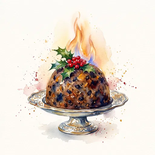 Watercolor Flaming Christmas Plum Pudding