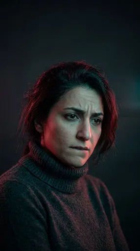 Worried Woman in Moody Gel Lighting