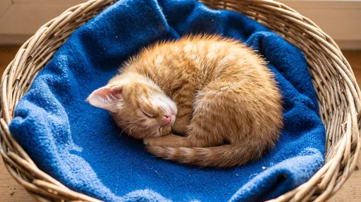 Ginger Kitten Sleeping in Woven Basket