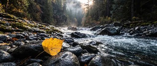 Golden Leaf on Wet River Stones