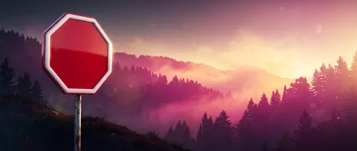 Blank Red Stop Sign in Foggy Valley