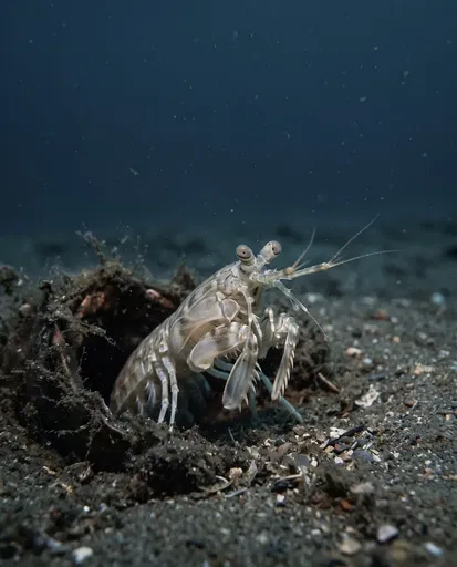 Pale Mantis Shrimp Emerging From Burrow
