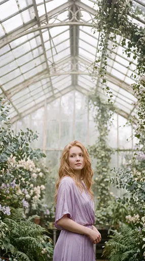 Woman in Lavender Dress in Conservatory
